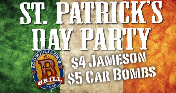 St.Patrick Day Party $4 dollar jameson $5 Car Bombs with Irish Flag background